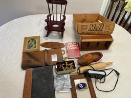 Misc lot - wood crate, Netherlands wood shoe, small potty chair, chess pieces and book