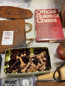 Misc lot - wood crate, Netherlands wood shoe, small potty chair, chess pieces and book