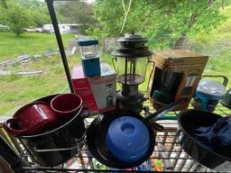 Camping lot - lanterns, coffee pot, plates, pots and pans