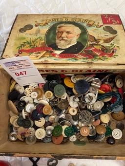 3 cigar boxes/1 wooden - misc items, buttons, arrowheads, marbles etc