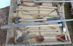 Pallet of shovels, hammers, go devils, axes