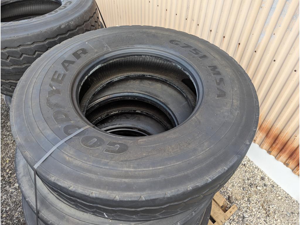 (4) Goodyear G751 MSA 12R22.5 commercial truck tires USED Virgin Tread Surplus Take Off