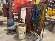 (5) Welding Curtains, Lifting Straps, Trash Barrel & (2) Chairs