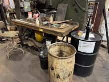 80" Work Bench, 55 Gal. Drum, Trash Bin & Contents
