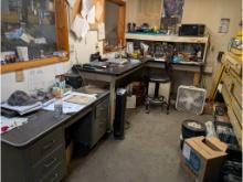 54" Desk, Work Table, Hardware Organizer, Skil Drills, Mini Fridge, Fan & Other Contents