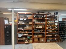 (3) Steel Shelves W/ Inventory, (2) File Cabinets, Wood Shelf
