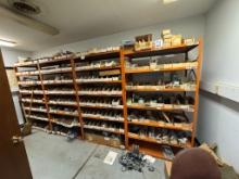 Contents of Room-(4) 42" Metal Shelves, Desk, 8' Work Station, Hardware Organizers