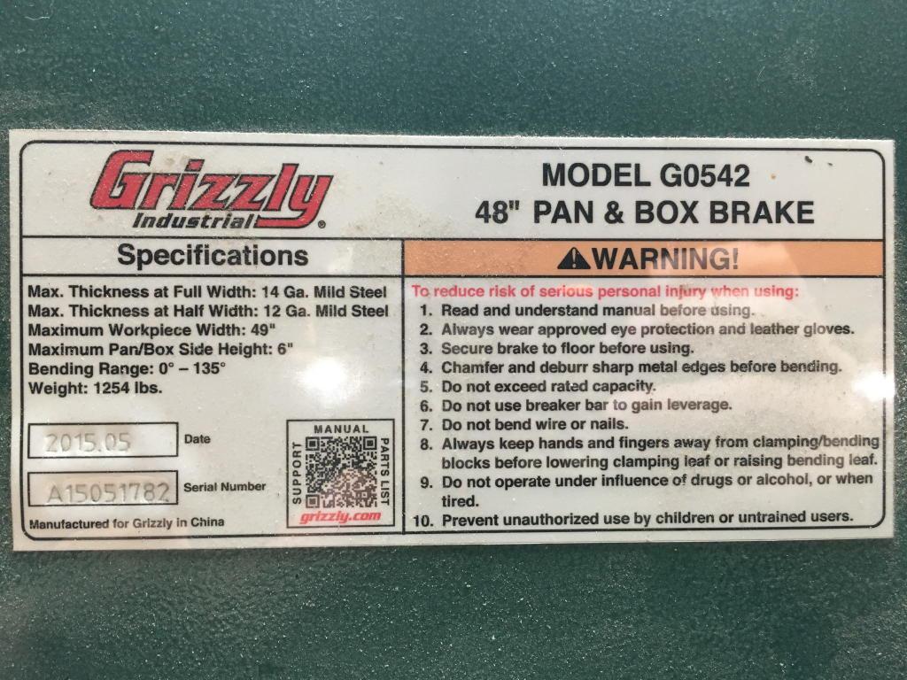 GRIZZLY G0542 48" PAN & BOX BRAKE, S/N: A15051782