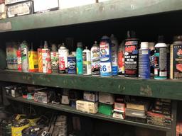 ASSORTED LUBRICANTS, PARTS, STRAPS, FASTENERS ON (3) SHELVES