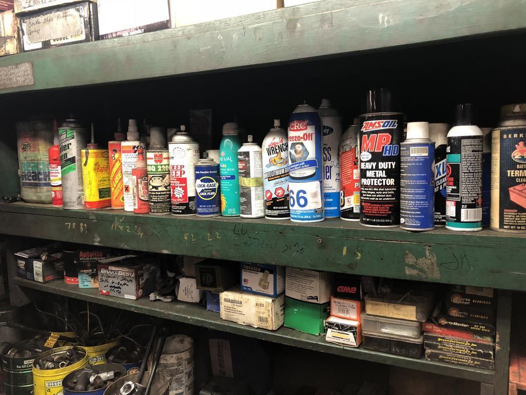 ASSORTED LUBRICANTS, PARTS, STRAPS, FASTENERS ON (3) SHELVES