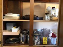 LOT OF BAKEWARE, MASON JARS IN CUPBOARDS