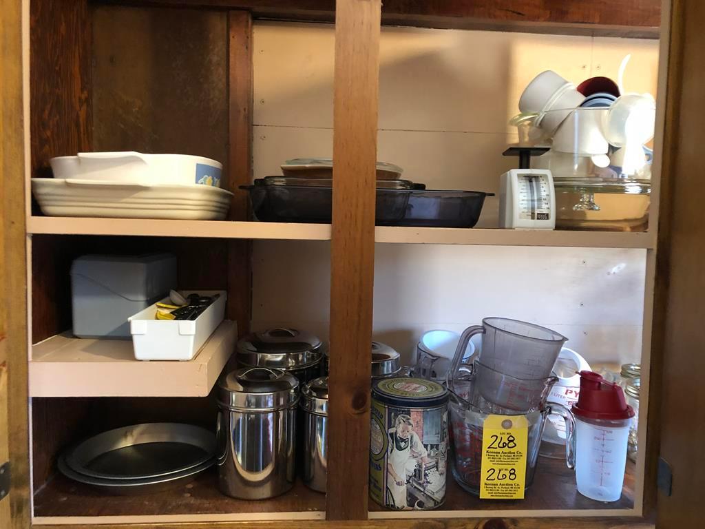 LOT OF BAKEWARE, MASON JARS IN CUPBOARDS