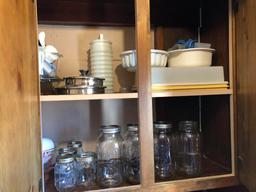 LOT OF BAKEWARE, MASON JARS IN CUPBOARDS