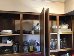 LOT OF BAKEWARE, MASON JARS IN CUPBOARDS