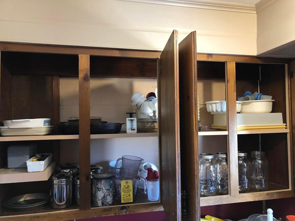 LOT OF BAKEWARE, MASON JARS IN CUPBOARDS
