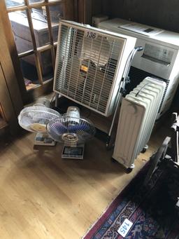 FLOOR BOX FAN, (2) TABLE FANS, DELONGHI RADIATOR HEATER
