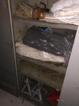 LUBRICANTS, BOTTLE JACK, JACKSTANDS, ELECTRICAL CORD, HITCH BLANKETS IN (2) CABINETS