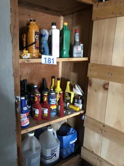 LUBRICANTS, BOTTLE JACK, JACKSTANDS, ELECTRICAL CORD, HITCH BLANKETS IN (2) CABINETS