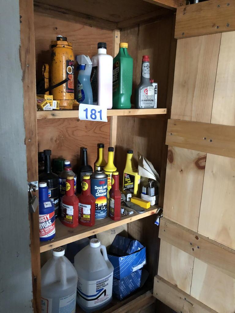 LUBRICANTS, BOTTLE JACK, JACKSTANDS, ELECTRICAL CORD, HITCH BLANKETS IN (2) CABINETS