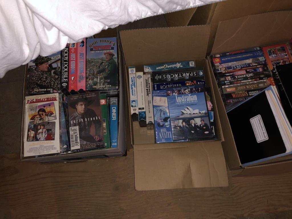 CDs, DVDs, VHS TAPES IN (7) BOXES