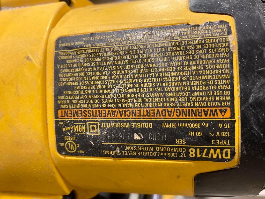 DEWALT 12" SLIDING COMPOUND MITER SAW, MDL. DW718 DBBL. BEVEL, W/ STAND, S/N: 172119
