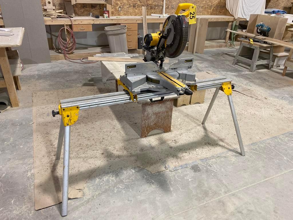 DEWALT 12" SLIDING COMPOUND MITER SAW, MDL. DW718 DBBL. BEVEL, W/ STAND, S/N: 172119