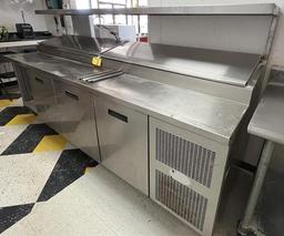 RANDELL STAINLESS STEEL PIZZA PREP TABLE W/ REFRIGERATED BASE,  RAISED RAIL, MODEL 84111NM,