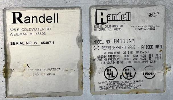 RANDELL STAINLESS STEEL PIZZA PREP TABLE W/ REFRIGERATED BASE,  RAISED RAIL, MODEL 84111NM,