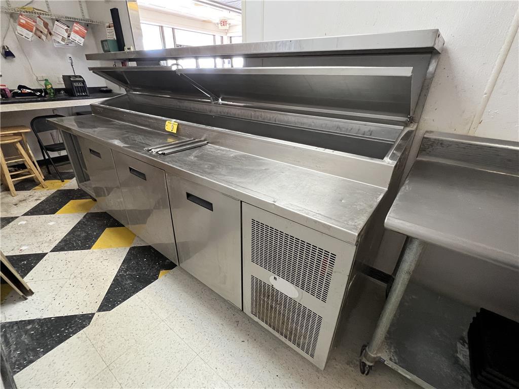 RANDELL STAINLESS STEEL PIZZA PREP TABLE W/ REFRIGERATED BASE,  RAISED RAIL, MODEL 84111NM,