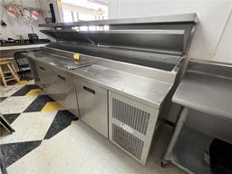 RANDELL STAINLESS STEEL PIZZA PREP TABLE W/ REFRIGERATED BASE,  RAISED RAIL, MODEL 84111NM,