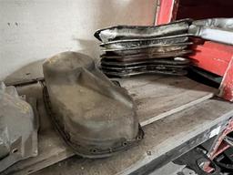 LOT: TRANSMISSION & TRANSFER CASE PARTS, ENGINE OIL DRIP PANS, MISC.