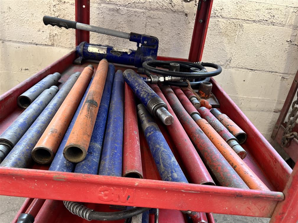 LOT OF HYDRAULIC FRAME REPAIR TOOLS W/ CART