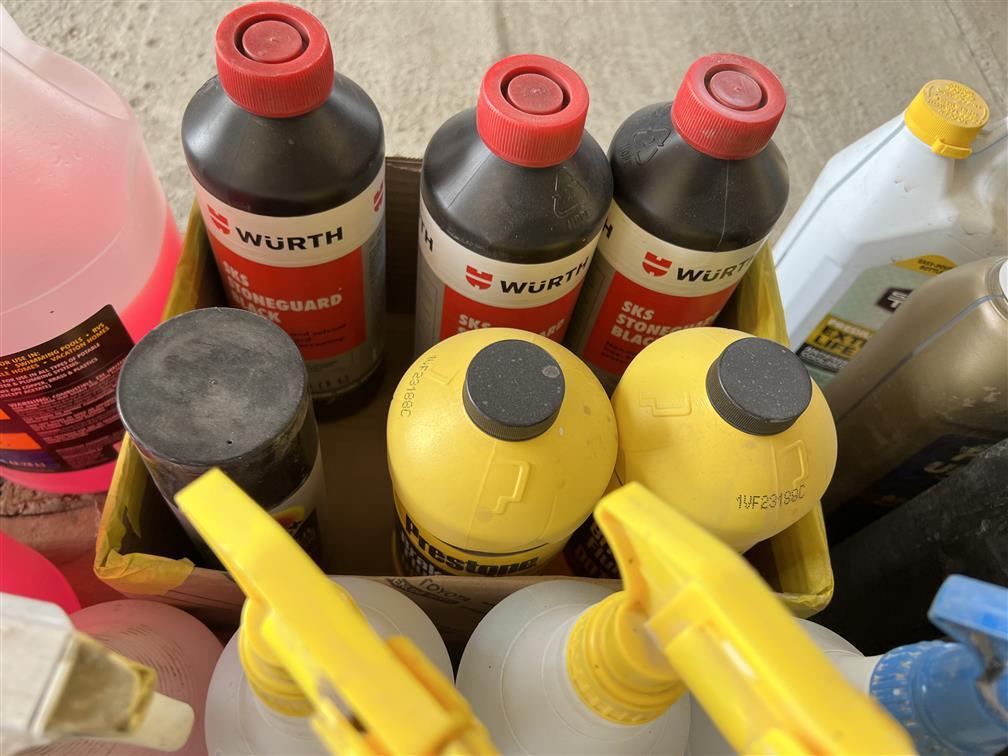 LOT OF ASSORTED COOLANT, WIPER FLUID, BRAKE FLUID, UNDER COAT