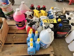 LOT OF ASSORTED COOLANT, WIPER FLUID, BRAKE FLUID, UNDER COAT