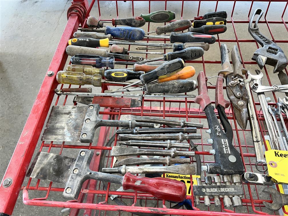 MISC. TOOL LOT: RIVET TOOL, WRENCHES, CUTTERS, DRIVERS, PLIERS, BITS & SOCKETS