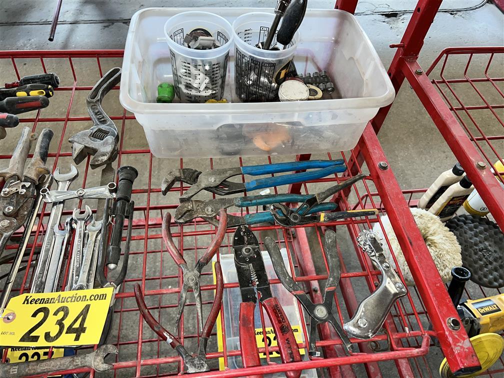 MISC. TOOL LOT: RIVET TOOL, WRENCHES, CUTTERS, DRIVERS, PLIERS, BITS & SOCKETS