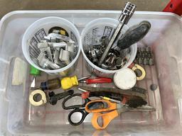MISC. TOOL LOT: RIVET TOOL, WRENCHES, CUTTERS, DRIVERS, PLIERS, BITS & SOCKETS