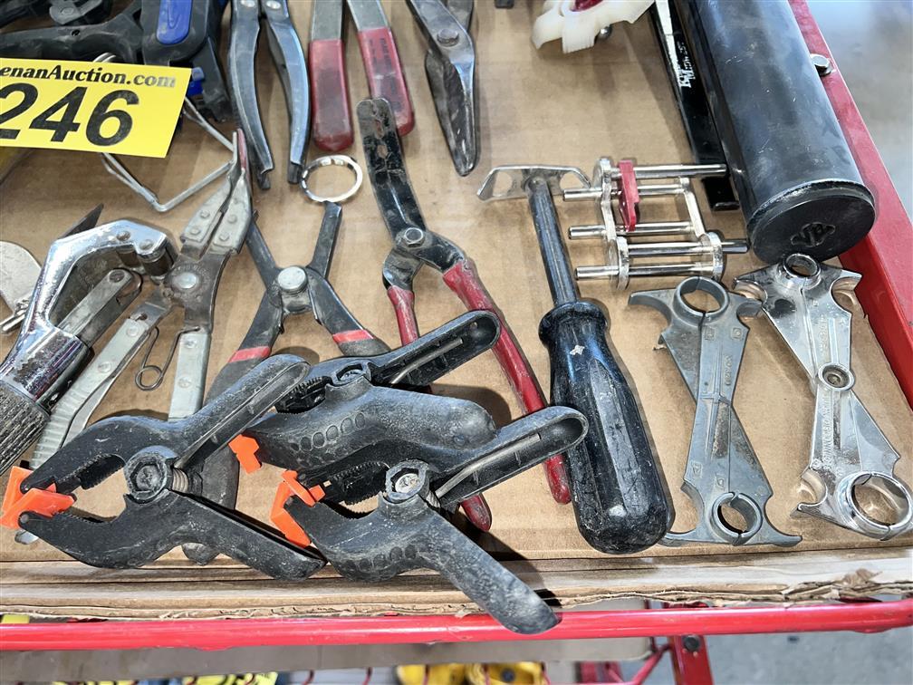 MISC. TOOL LOT: HAND CLAMPS, PLIERS, CUTTERS, VISE GRIPS, BIT SETS