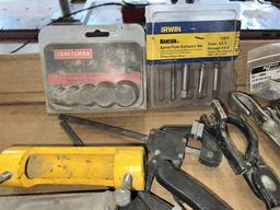 MISC. TOOL LOT: HAND CLAMPS, PLIERS, CUTTERS, VISE GRIPS, BIT SETS