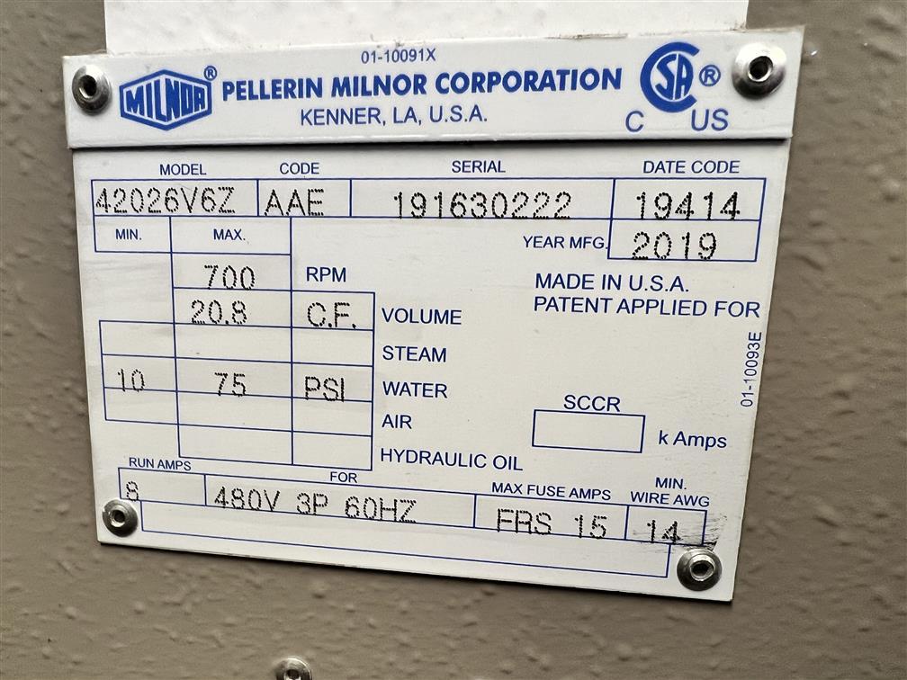 2019 MILNOR MODEL 42026V6Z V-SERIES 140LB. COMMERCIAL WASHER-EXTRACTOR, S/N: 191630222