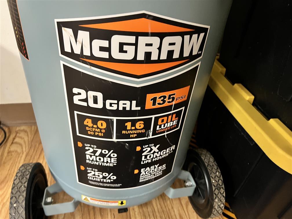 MCGRAW 20-GAL. PORTABLE AIR COMPRESSOR W/ AIR HOSE, 1.6HP, 135-PSI