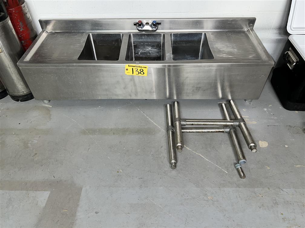 3-BAY S/S BACK BAR SINK W/ 2-DRAIN BOARDS, 60" X 18", W/ LEGS, 10" X 14" X 10"D