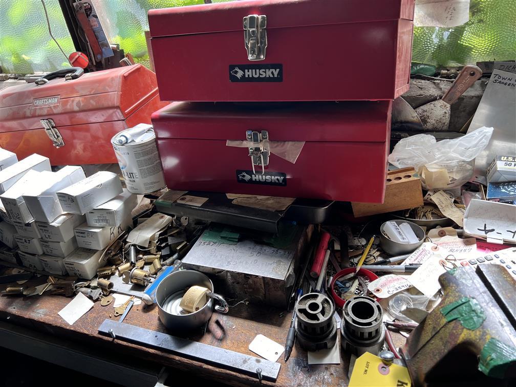 LOT OF 6-KEY MACHINES & CONTENTS ON AND UNDER BENCH, SKELTON KEY BOARD, CONTENTS ON SHELVING