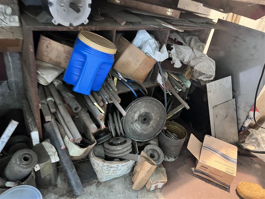 LOT OF 6-KEY MACHINES & CONTENTS ON AND UNDER BENCH, SKELTON KEY BOARD, CONTENTS ON SHELVING