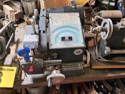 LOT OF 6-KEY MACHINES & CONTENTS ON AND UNDER BENCH, SKELTON KEY BOARD, CONTENTS ON SHELVING