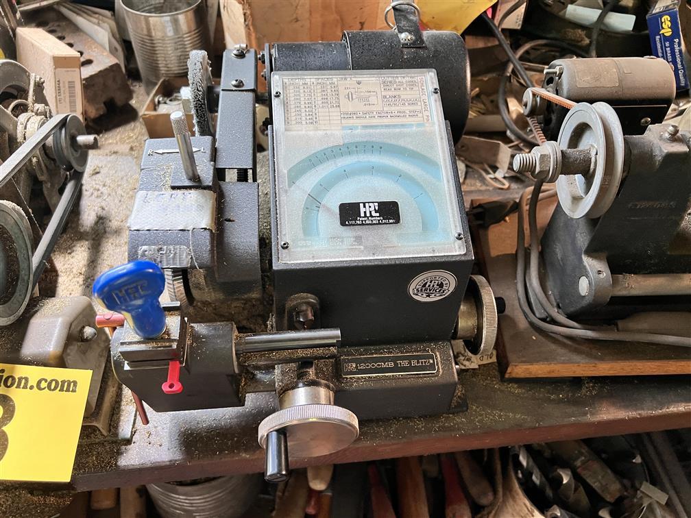 LOT OF 6-KEY MACHINES & CONTENTS ON AND UNDER BENCH, SKELTON KEY BOARD, CONTENTS ON SHELVING