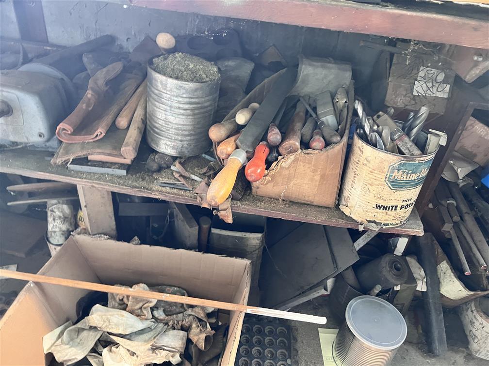 LOT OF 6-KEY MACHINES & CONTENTS ON AND UNDER BENCH, SKELTON KEY BOARD, CONTENTS ON SHELVING