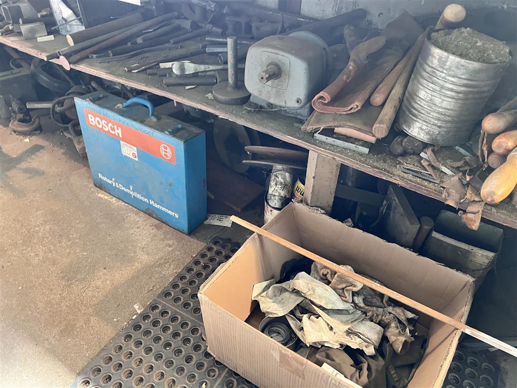 LOT OF 6-KEY MACHINES & CONTENTS ON AND UNDER BENCH, SKELTON KEY BOARD, CONTENTS ON SHELVING