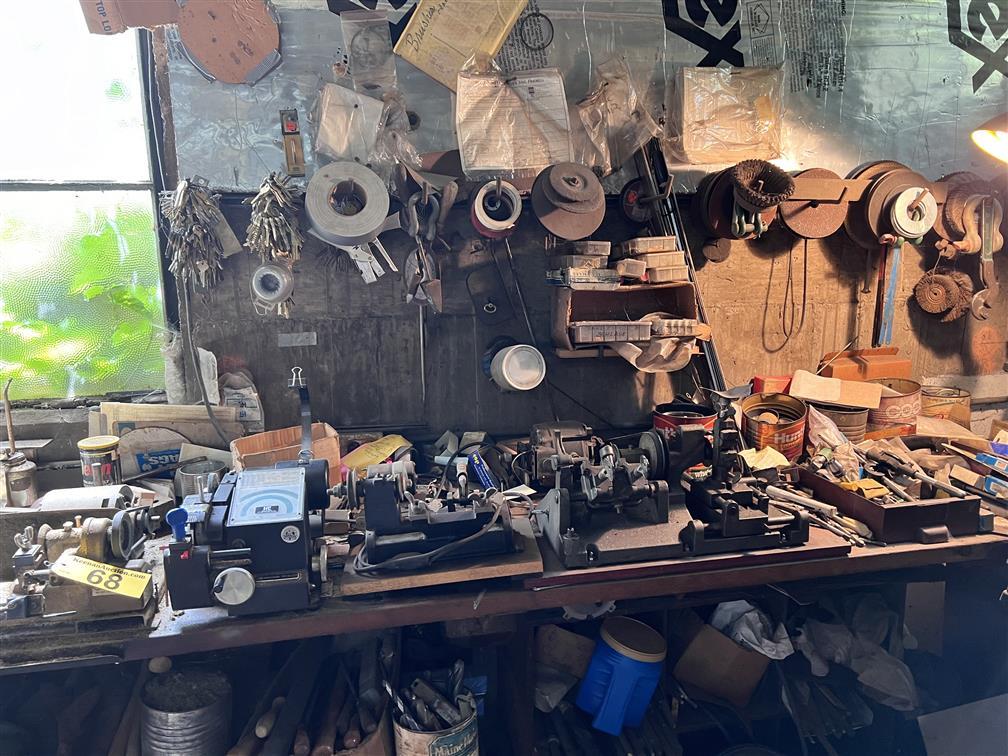 LOT OF 6-KEY MACHINES & CONTENTS ON AND UNDER BENCH, SKELTON KEY BOARD, CONTENTS ON SHELVING
