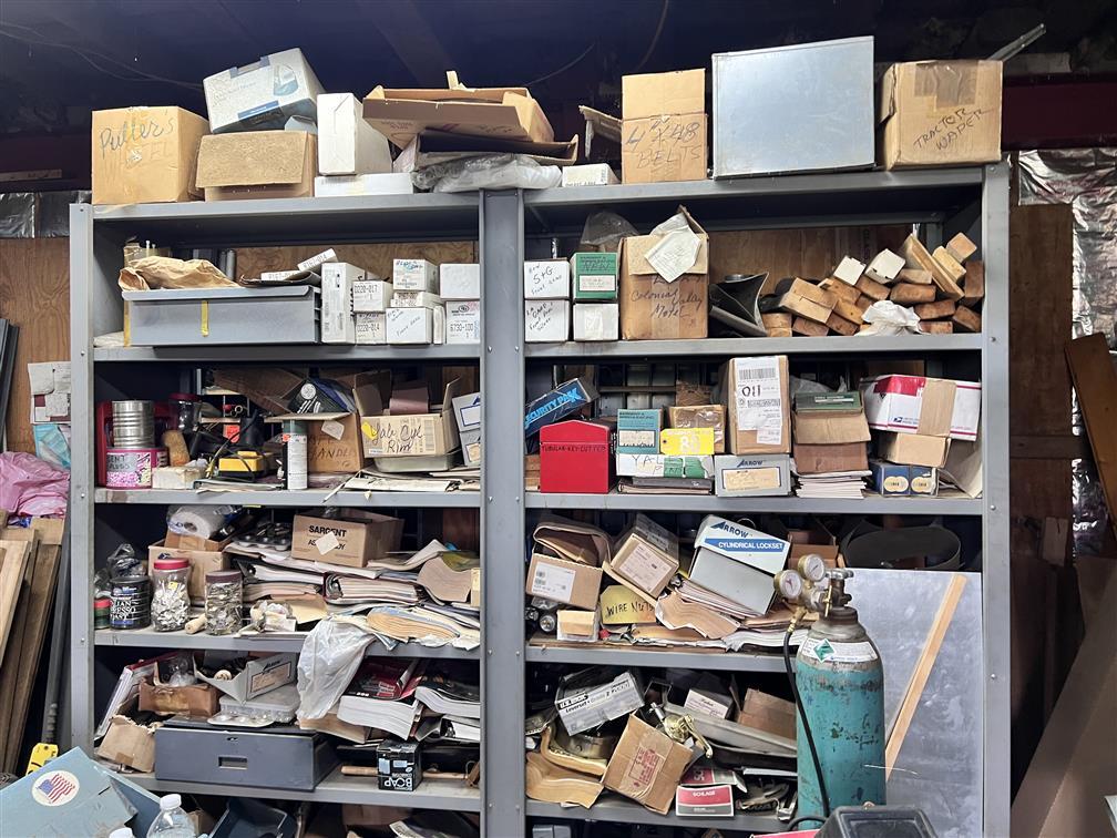 LOT OF 6-KEY MACHINES & CONTENTS ON AND UNDER BENCH, SKELTON KEY BOARD, CONTENTS ON SHELVING